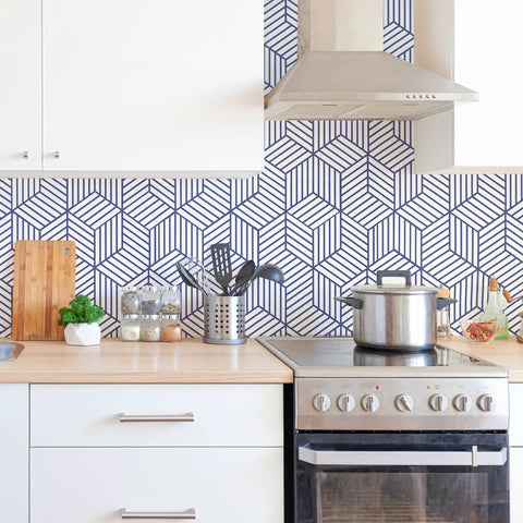 Geometric Hexagon Peel And Stick Wallpaper Blue And White Self Adhesive Vinyl Film For Home Decor Removable Contact Paper in kitchen