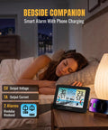 Bedside table with smart alarm clock displaying All-In-One Weather Station Wireless Indoor And Outdoor With 7.5 Inch Large Color Display