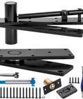 Hidden door hinge kit with two heavy-duty black steel 360° pivot hinges, mounting plates, screws, and tools