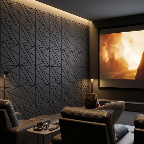 Top Shelf 12 Inch Acoustic Panels For Walls High Density Soundproof Polyester Foam Tiles in a home theater setting.
