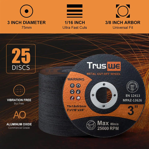 3 Inch Cut Off Wheels 25 Pack for Metal and Stainless Steel, 3/8 Inch Arbor, 1/16 Inch Thick, High Speed 25000 RPM Cutting Discs