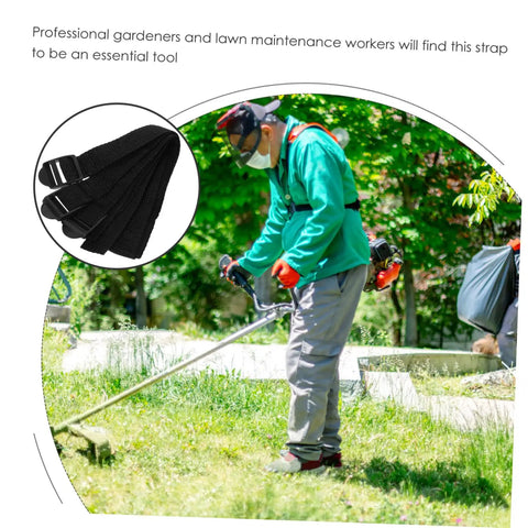 Garden Aerator Shoes Straps Eight Pack Turf Spike Laces for easy lawn aeration with a person using lawn equipment in background