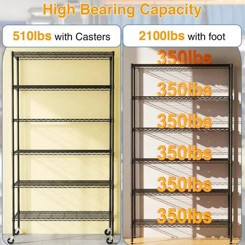 Beefy Six Tier Rolling Wire Shelf On Wheels For Garage And Home, Heavy Duty Steel Rack With 18 x 45 x 82 Inches Capacity, Black Finish, Smooth Mobility, Easy Assembly, Durable Storage Unit showing 6-tier black wire shelves