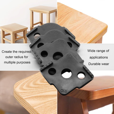 Knockout Corner Radius Router Template Kit Packing R5 Through R40 Rounded Edge Guides showcased with ABS jigs for woodworking.