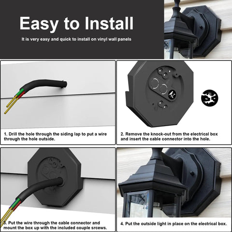 Vinyl Siding Light Mounting Block For Half Inch Lap Panels, Outdoor Wall Mount Hooks For Hanging Lamps, Vertical Mounting Block With Built In Electrical Box For Exterior Use Black, installed on vinyl siding