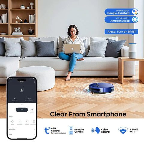 2-In-1 Robot Vacuum And Mop Combo Ultra Slim 2.87 Inches With 2300Pa Suction on hardwood floor, controlled by smartphone app