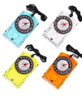 Four-pack Outdoor Compass Kit with Adjustable Declination, ruler, magnifier in blue, green, orange, for map reading and hiking.
