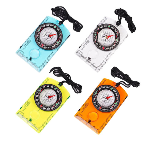 Four-pack Outdoor Compass Kit with Adjustable Declination, ruler, magnifier in blue, green, orange, for map reading and hiking.