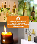 Glass bottle cutter kit; collage view of clear glass bottles used as home decor with plants and a lit candle.