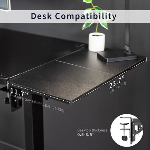 Desk compatibility illustration for Boss Move Heavy Duty Clamp On Desk Extender With Foldable Keyboard Tray And Padded Wrist Support Expands Workspace For Sit Stand Tables Smooth Setup All Day Grind Black.