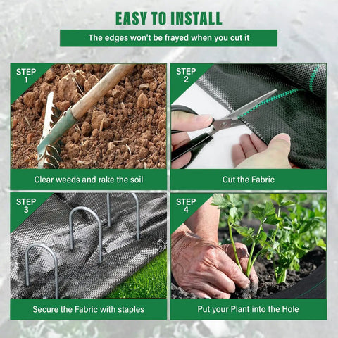 Instructions for installing Landscape Fabric Weed Barrier Roll 3 Ft By 100 Ft Heavy Duty 3.2 Oz Weed Blocker in garden beds.