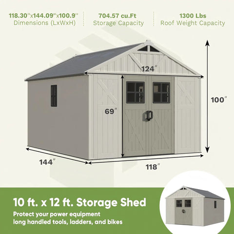 10x12 Ft Outdoor Storage Shed With Floor And Lockable Door All Weather Resin With Skylight And Multiple Windows Beige Backyard Garden Shed For Lawn Equipment Bikes Patio Furniture And Workshop Space illustration with dimensions