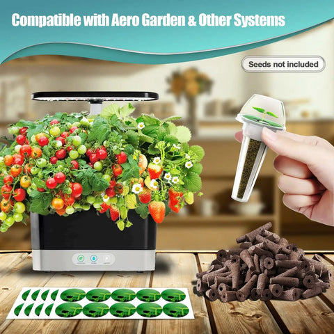 Seed Pod Kit For Hydroponics With 150 Pods 100 Grow Sponges And 50 Labels All In One Replacement Pods For Most Hydroponic Systems Plug And Play Ready For Growing Any Plant Or Herb shown with sample plants and accessories