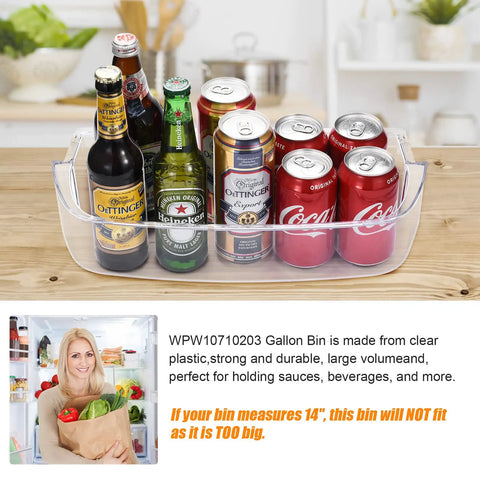 Door Shelf Bin For Refrigerator WPW10710203 Replacement Fits Whirlpool Models filled with beer and soda cans, on countertop.