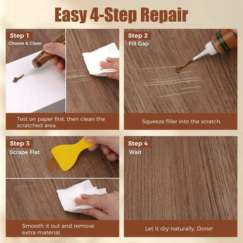 Steps to use All In One Wood Filler Repair Kit With 26 Colors Including 16 Fillers And 10 Markers for furniture and floors