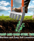 Heavy Duty 5-Tine Broad Fork for Gardening With Ergonomic U Shaped Handle All Steel Construction Rust Resistant Built to Dig Deep Aerate Soil Cultivate Garden Beds Farms and Tough Soil in use digging into ground with visible worker's boot standing on grass.