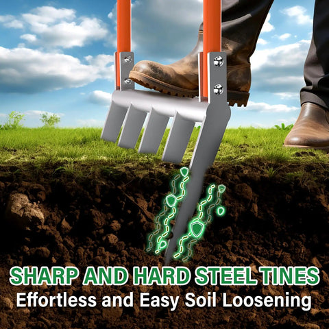 Heavy Duty 5-Tine Broad Fork for Gardening With Ergonomic U Shaped Handle All Steel Construction Rust Resistant Built to Dig Deep Aerate Soil Cultivate Garden Beds Farms and Tough Soil in use digging into ground with visible worker's boot standing on grass.