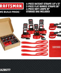 Straight Shooter 10 Piece Ratchet Strap Kit With Soft Loops And Stretchy Bungee Cords Heavy Duty Cargo Securing Set With Storage Bag, showing all components.