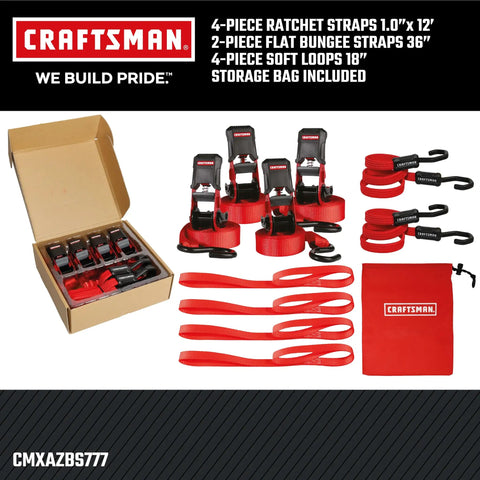 Straight Shooter 10 Piece Ratchet Strap Kit With Soft Loops And Stretchy Bungee Cords Heavy Duty Cargo Securing Set With Storage Bag, showing all components.