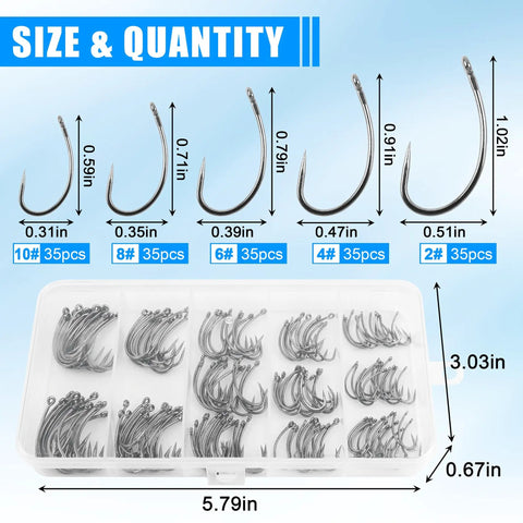 Pro Grade 175Piece Barbless Carp Hook Kit With Curve Shank Crank Wide Gape Fly Tying And Circle Hooks Includes Tackle Box