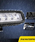 Close-up of Two Pack 18W Spot LED Work Lights For Off Road Driving Fog Beams showing waterproof features in rain