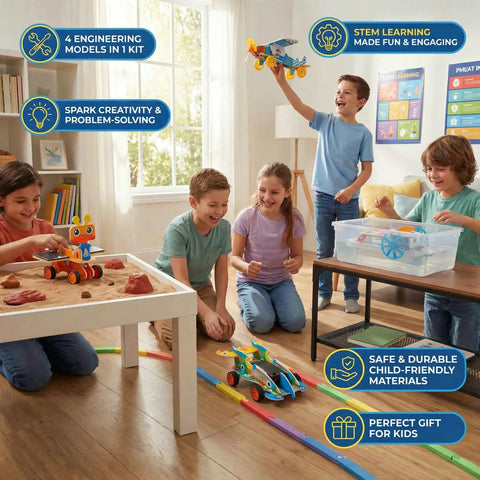 4-In-1 Engineering Kit For Kids Aged 8-12 Build A Mars Rover, A Fast Race Car, A Dope Soaring Glider, And A Paddle Boat; Learn Motor Dynamics And Mechanical Transmission Hands-On, The Ultimate Gift For Curious Builders. Kids assemble 4 colorful STEM models.