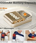 Image showing cordless knee massager for pain relief with focus on 4000mAh battery, and usage for knee, shoulder, and elbow massage.