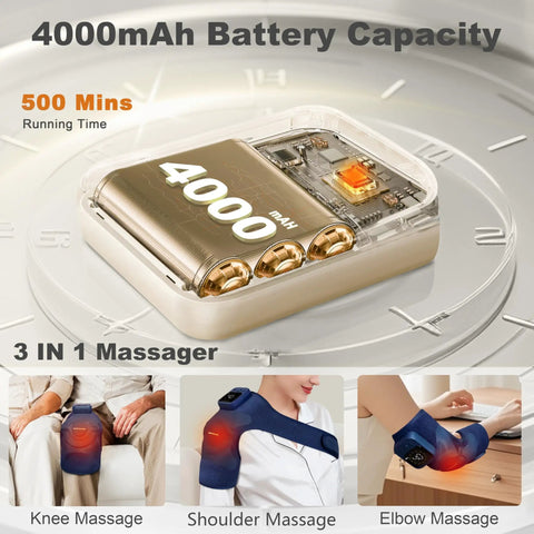 Image showing cordless knee massager for pain relief with focus on 4000mAh battery, and usage for knee, shoulder, and elbow massage.