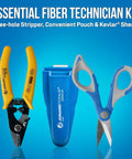 TK 350 Fiber Optic Stripper And Kevlar Shears Kit With Molded Pouch showcasing tools in a blue background