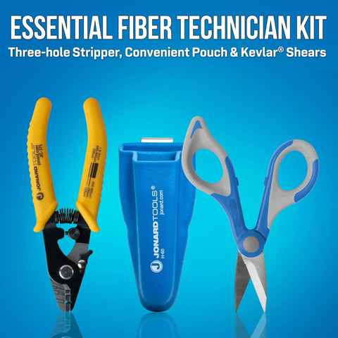 TK 350 Fiber Optic Stripper And Kevlar Shears Kit With Molded Pouch showcasing tools in a blue background