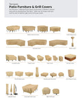 Terrazzo patio furniture and grill covers collection, featuring diverse cover shapes and sizes for different outdoor items.