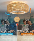 Whisper Quiet Boho Caged Rattan Fandelier Ceiling Fan With Bright Integrated Lighting and remote control, shown in a cozy living room.