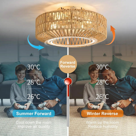 Whisper Quiet Boho Caged Rattan Fandelier Ceiling Fan With Bright Integrated Lighting and remote control, shown in a cozy living room.