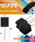 Massive 120 Piece Bulk Crate Of Two Inch Foam Paint Brushes With Tough Wood Handles showing black foam brushes and wooden handles.