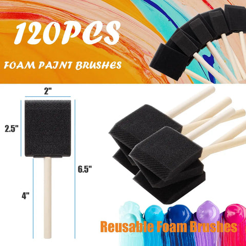 Massive 120 Piece Bulk Crate Of Two Inch Foam Paint Brushes With Tough Wood Handles showing black foam brushes and wooden handles.