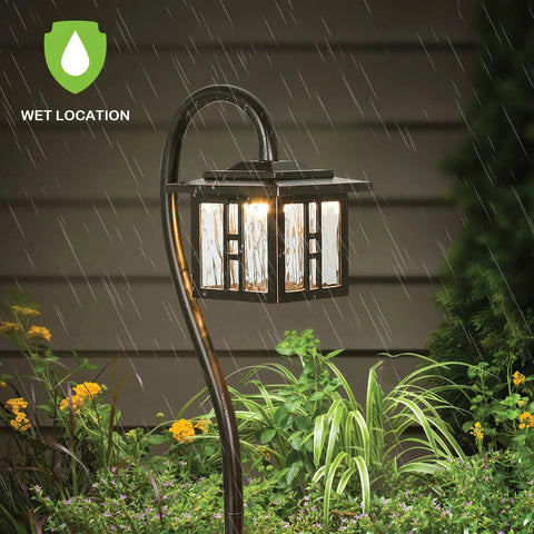 Low Voltage Pathway Lights 4 Pack EZ Install With 3W 185LM LED Landscape Lighting in rain with plants, Oil Rubbed Bronze