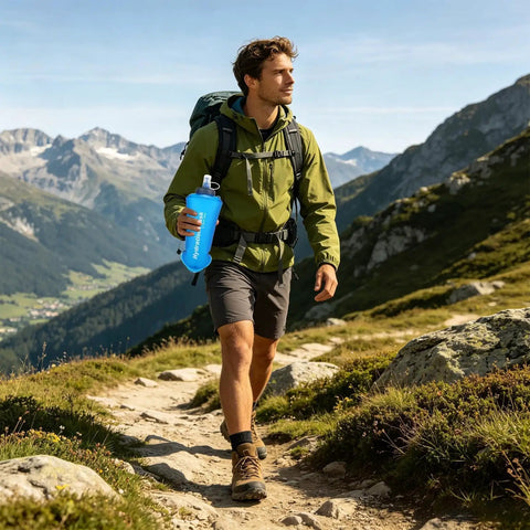 Person hiking with Foldable Hydration Bottle For Hiking And Running, 11.42 Inch Squeeze Bladder With Leakproof Caps