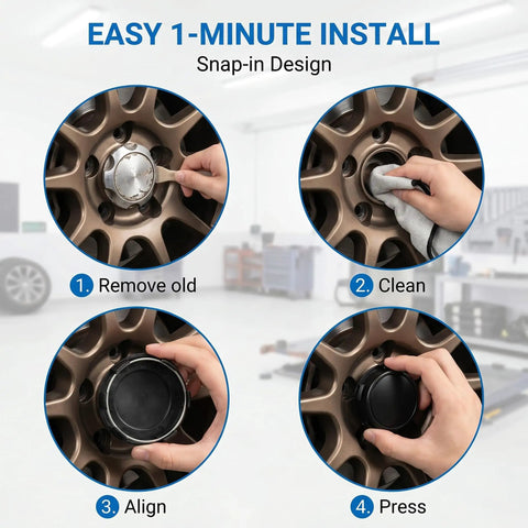 Road Ready 4 Pack Universal Car Wheel Center Caps 2.36 Inch Snap In Hub Cover Replacement ABS, step-by-step install process.