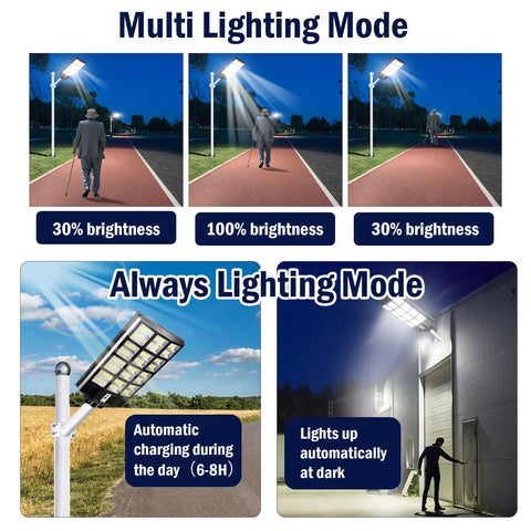 1000W LED Solar Street Light Outdoor 80000LM IP66 Waterproof with motion sensor in different lighting modes for paths