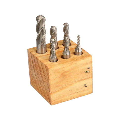 6 Piece M2 Ball Nose End Mill Set Pro Grade High Speed Steel 4 Flute Radius Bottom Milling For Slots Fillets And Contours Center Cut One Eighth To One Half Inch Range Includes Wooden Stand, displayed in a wooden stand with varying sizes