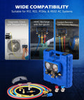 AC Manifold Gauge Set For R134a R12 R22 R502 With 5 Ft Hose Tank Adapters Adjustable Couplers shown with diagnostic applications.