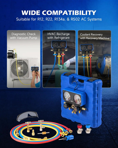 AC Manifold Gauge Set For R134a R12 R22 R502 With 5 Ft Hose Tank Adapters Adjustable Couplers shown with diagnostic applications.