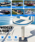 Wide view of a boat seat mounted on an aluminum post on a boat, ideal for pontoon and bass boats, showcasing versatility.