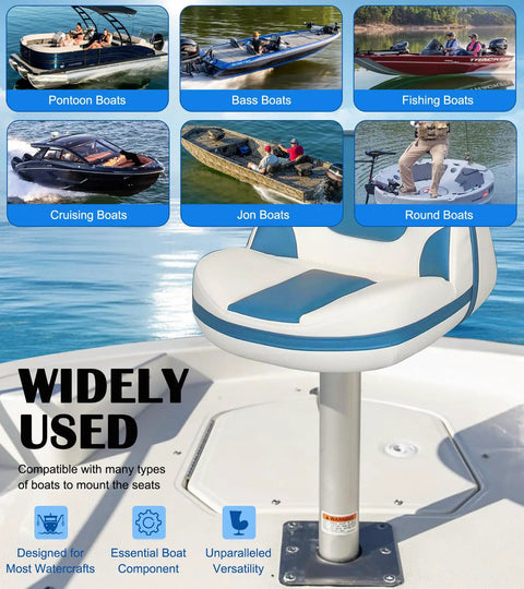 Wide view of a boat seat mounted on an aluminum post on a boat, ideal for pontoon and bass boats, showcasing versatility.