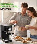 Premium Twenty Bar Espresso Maker With Built In Milk Frother And One Point Eight Quart Removable Tank with two people making coffee.
