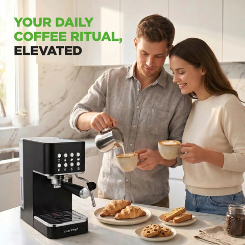 Premium Twenty Bar Espresso Maker With Built In Milk Frother And One Point Eight Quart Removable Tank with two people making coffee.