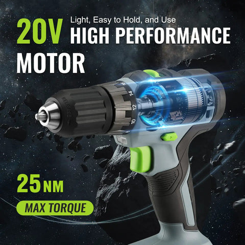 20V Cordless Power Drill Driver Kit With Three Eighths Inch Keyless Chuck showing high performance motor and max torque