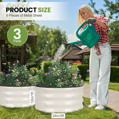 Person watering plants in Round Raised Garden Bed Set Of 3 Galvanized Steel Planter Boxes 2x2x1ft With Rubber Edge Trim