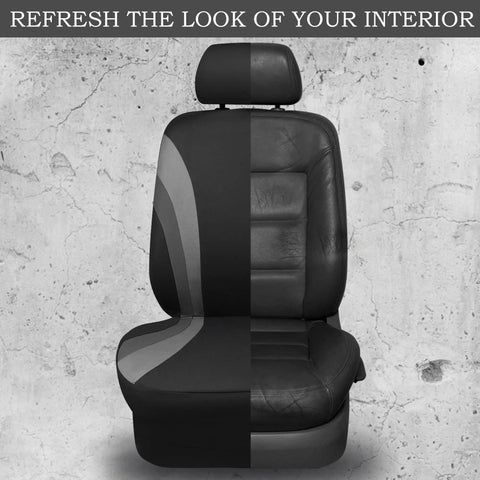 Sporty Front Seat Covers For Cars, SUVs, And Trucks, Universal Fit, Black And Gray, Shown On Car Seat With Headrest, Easy Install.