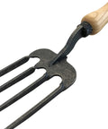 Rugged Twister Tine Hand Fork With Hardened Boron Steel, Heat Treated For Strength, showing steel tines and ash handle
